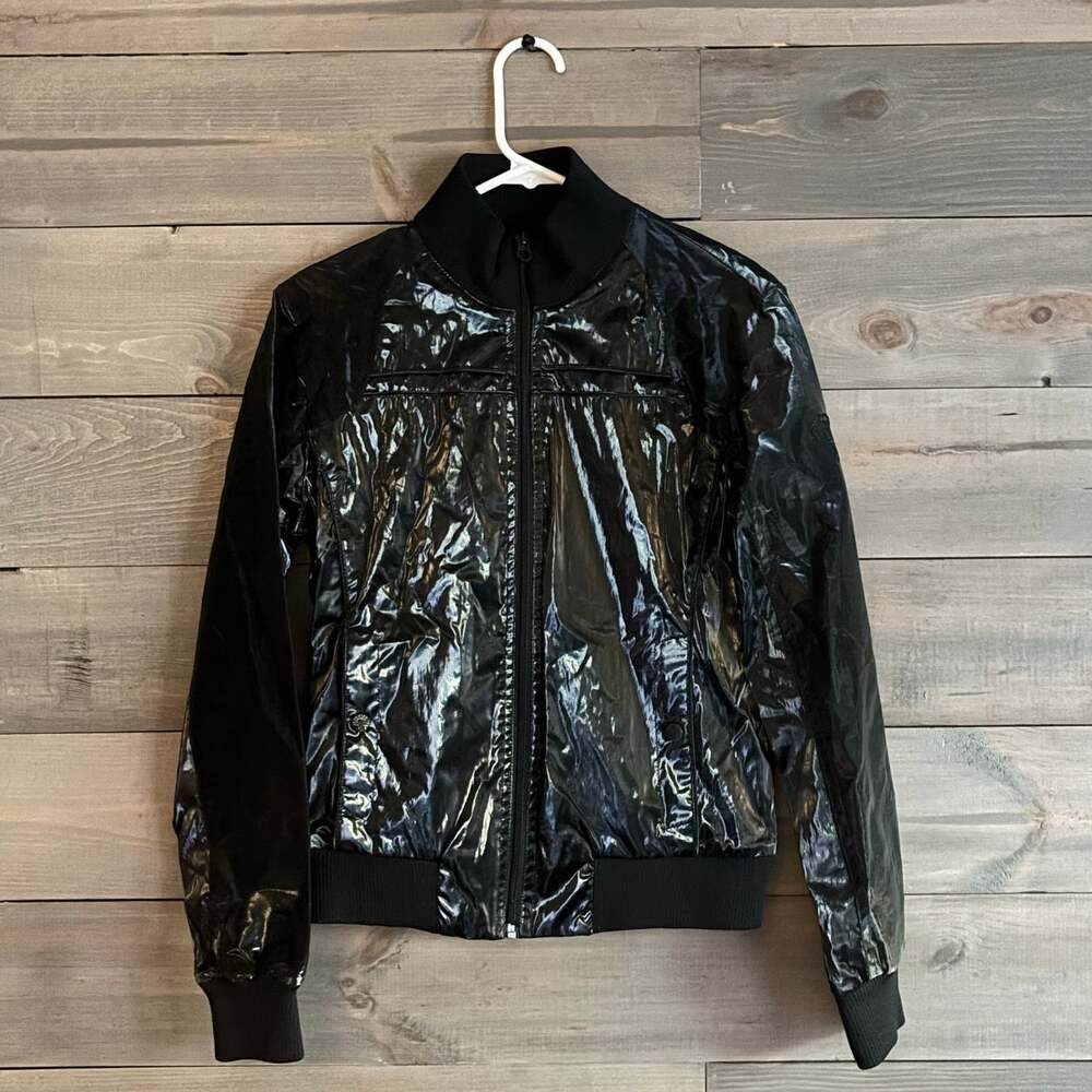 BOMBOOGIE AUTHENTIC | Glossy Black Wet Look Bomber Jacket Ribbed Funnel Neck M